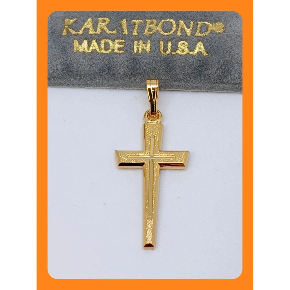 Karatbond Vintage Y2K Textured Gold Double Cross Pendant Made USA New Old Stock
